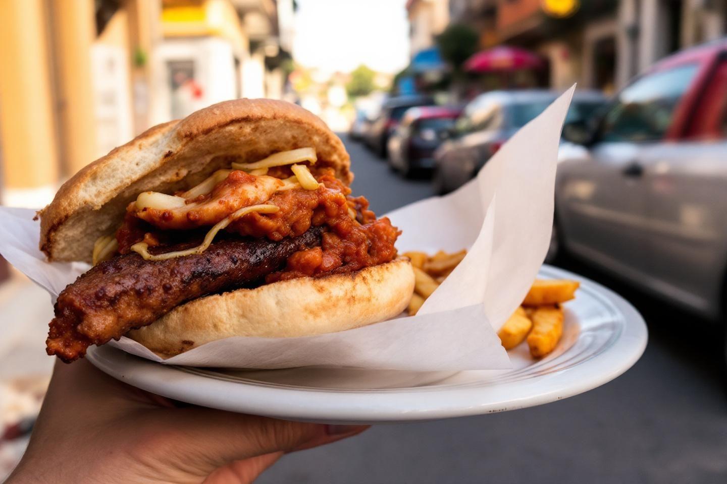 Burger grill&eacute; avec sauce tomate sur une assiette blanche