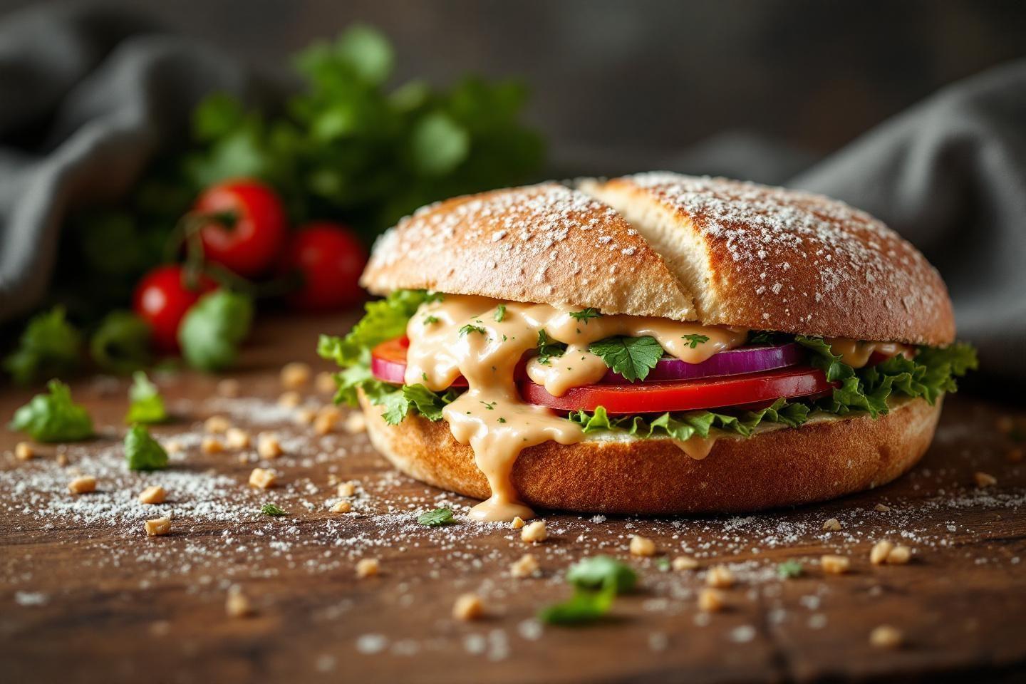 Burger app&eacute;tissant avec sauce dor&eacute;e et l&eacute;gumes frais