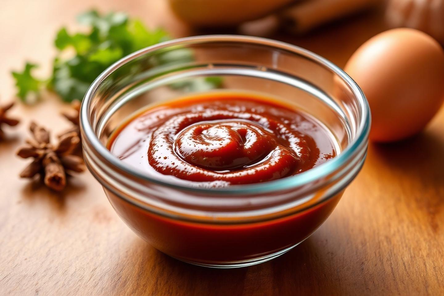 Bol en verre rempli de sauce tomate rouge brillante