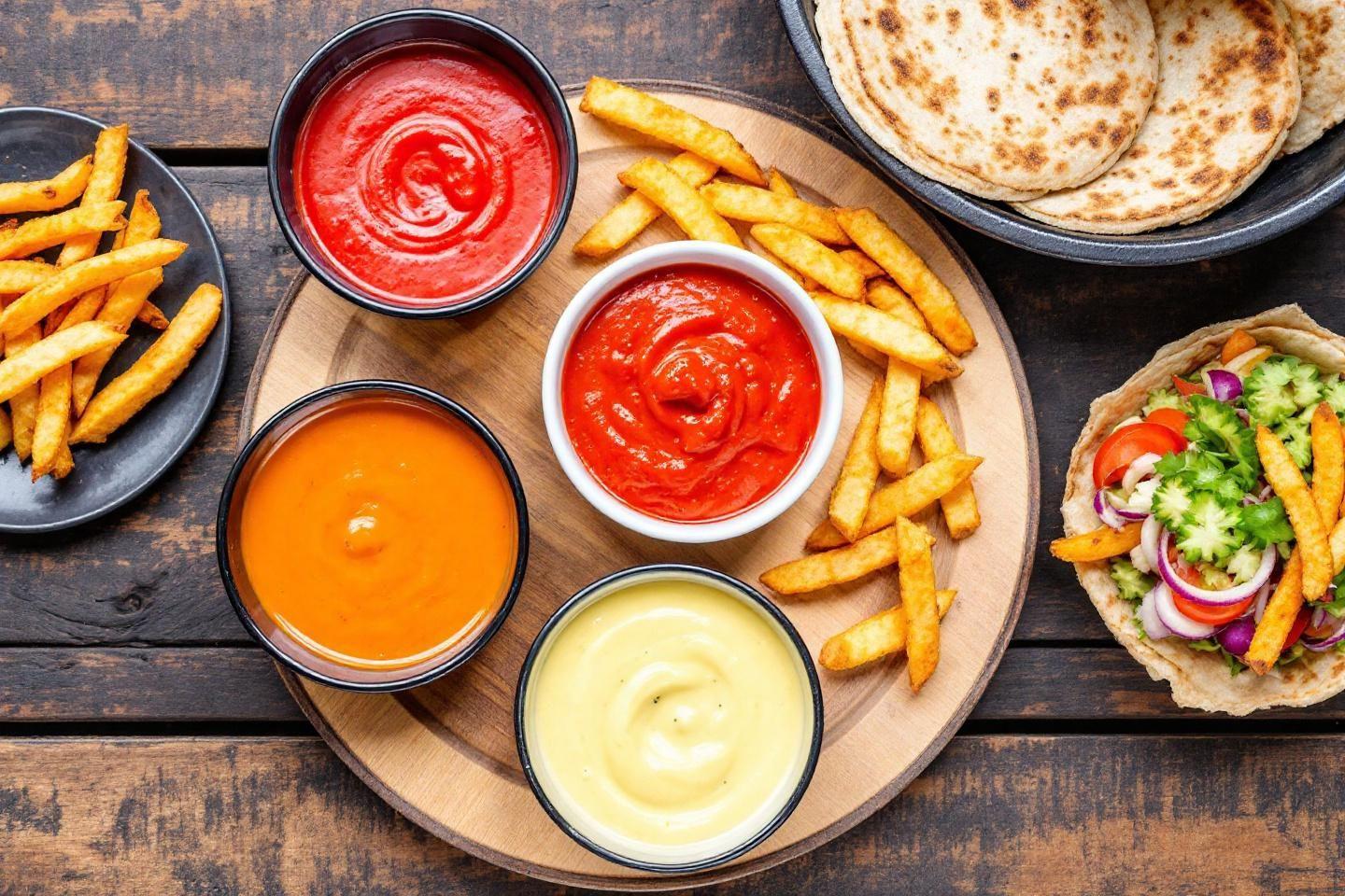 Frites dor&eacute;es avec quatre sauces color&eacute;es sur planche en bois