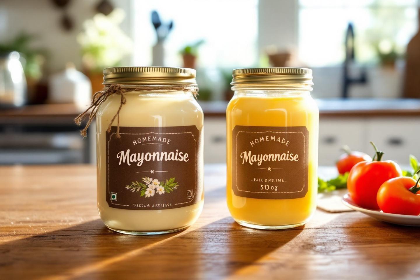 Deux bocaux de mayonnaise artisanale sur une table en bois