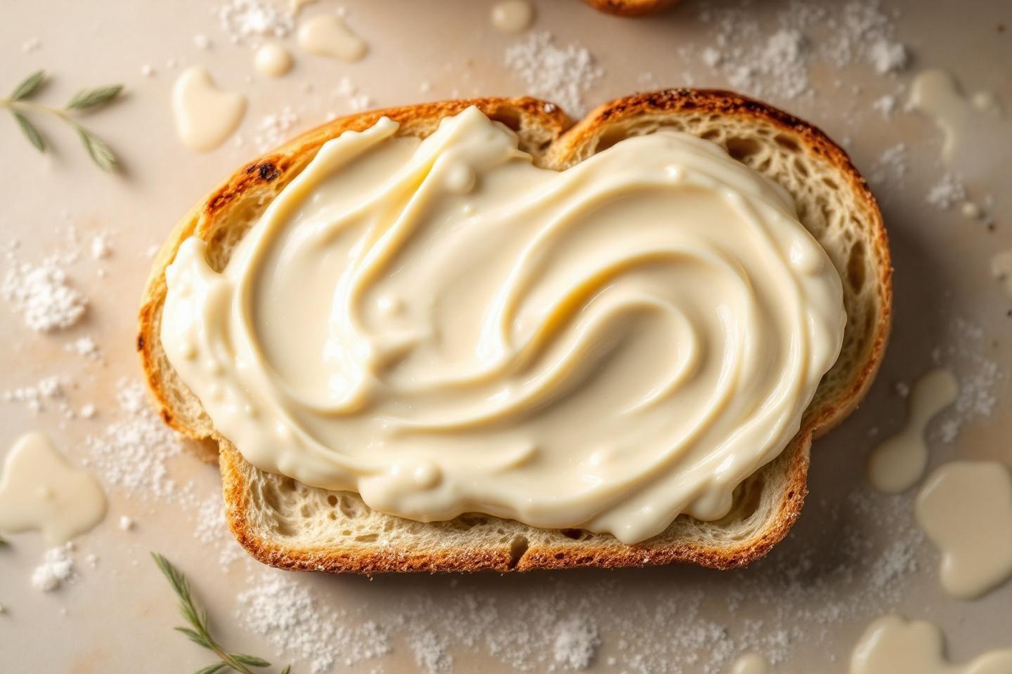 Tranche de pain grillé recouverte d'une crème blanche tourbillonnante