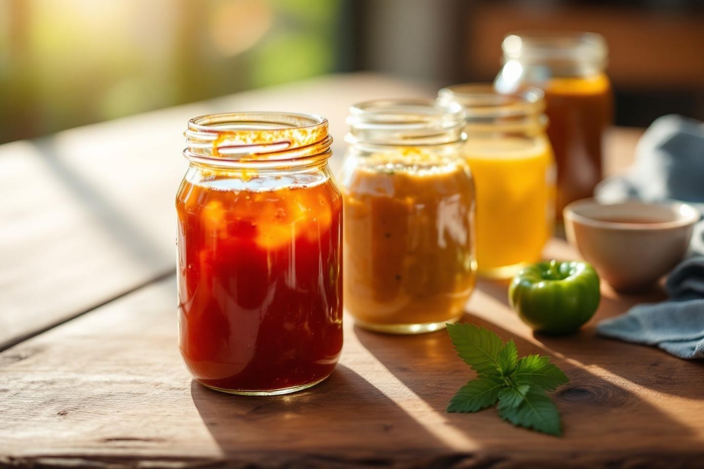 Bocaux en verre remplis de sauces aux couleurs variées