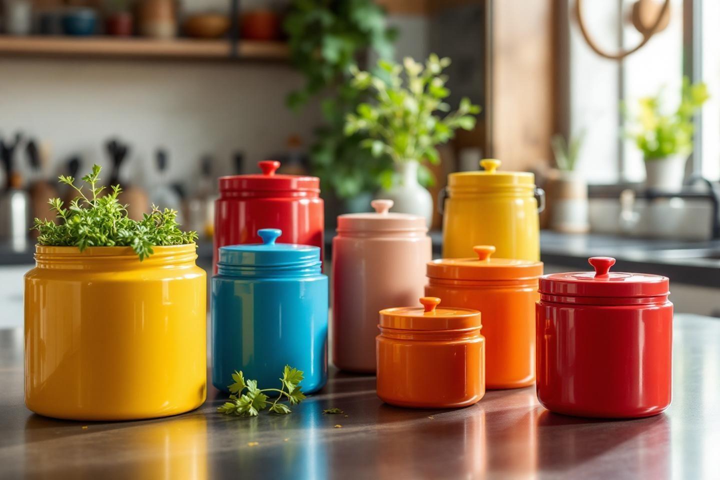 Bocaux de cuisine empil&eacute;s dans des couleurs vives sur un comptoir