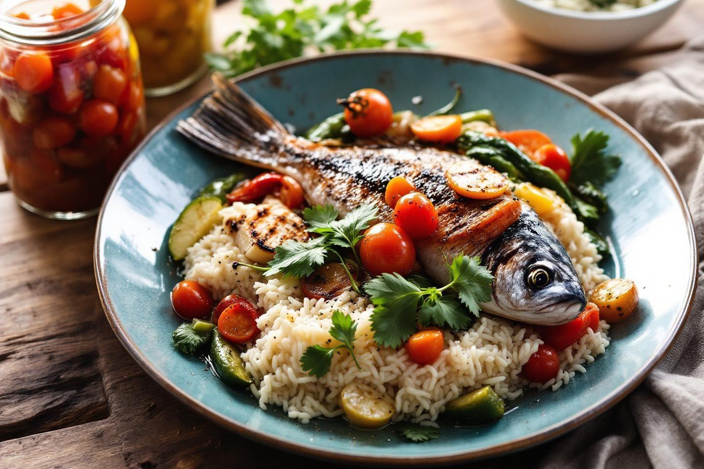 Plat de poisson entier sur riz avec tomates et l&eacute;gumes