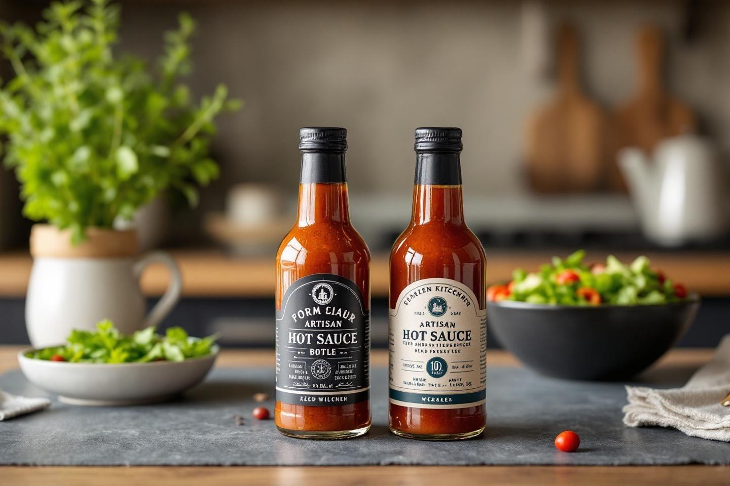 Bouteilles de sauce artisanales sur comptoir avec salade