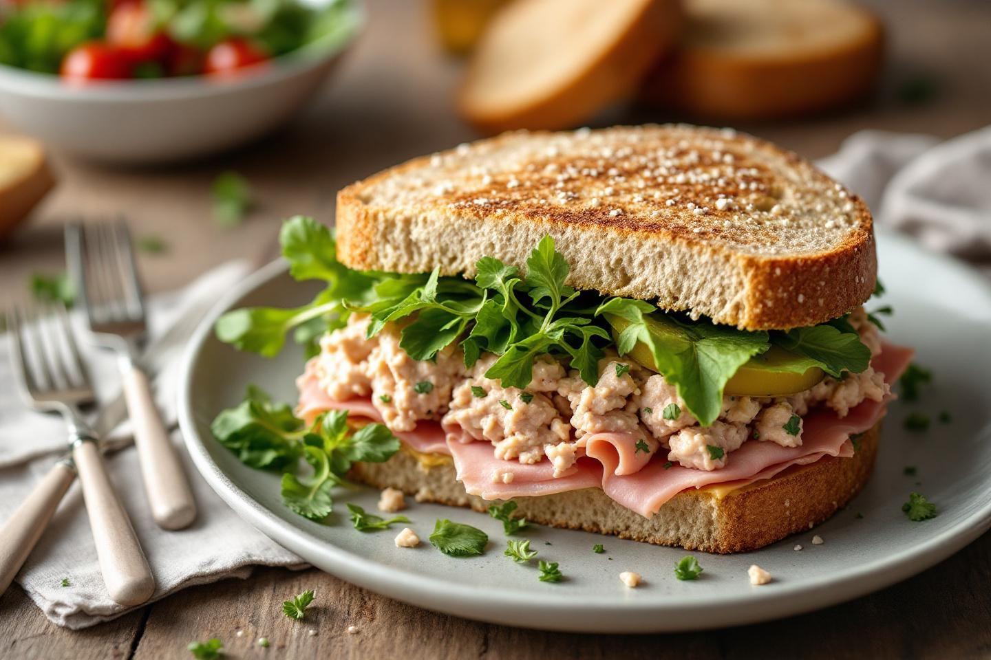 Sandwich &agrave; &eacute;tages garni de thon, jambon et verdure