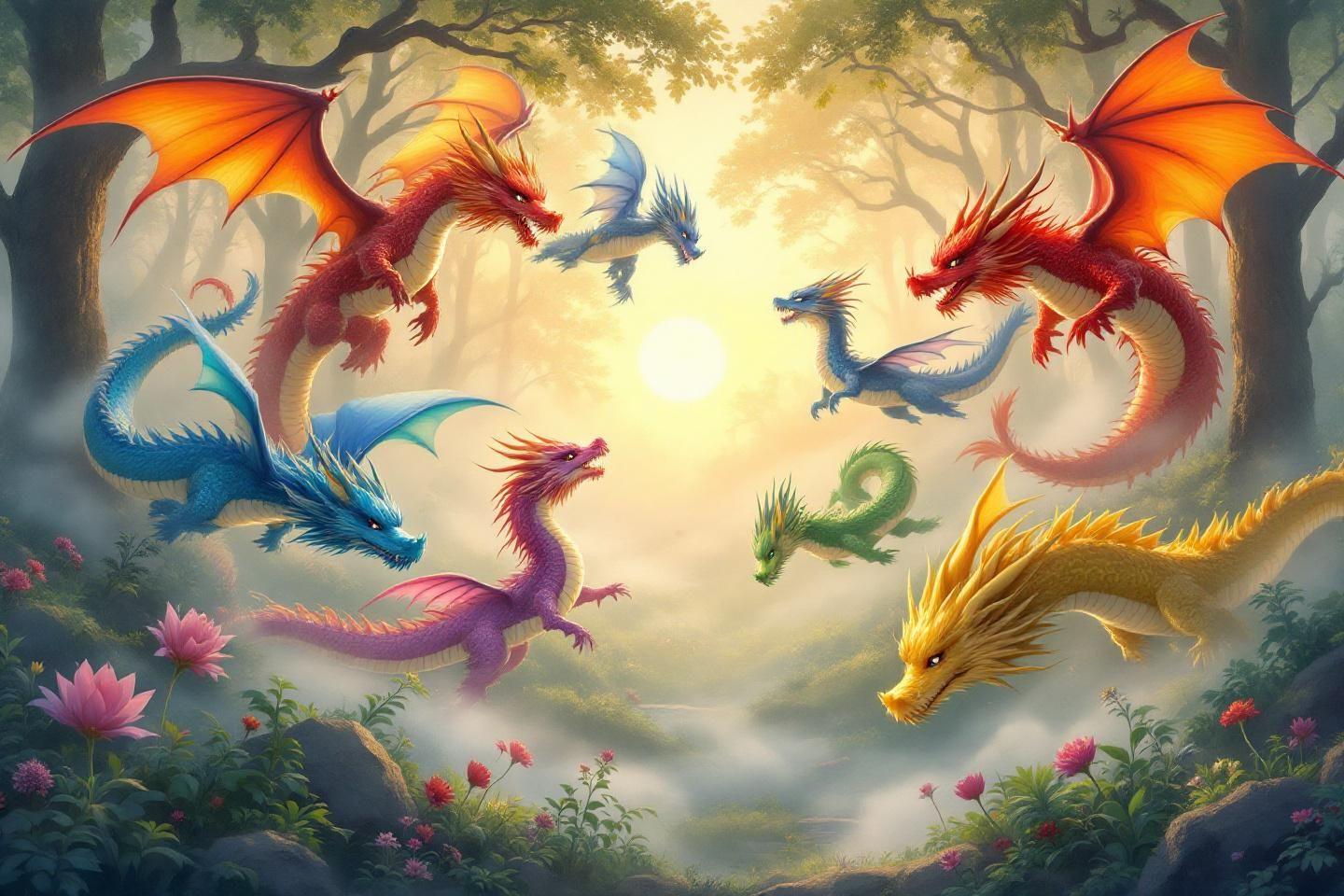 Plusieurs dragons de diff&eacute;rentes couleurs volant dans une for&ecirc;t lumineuse