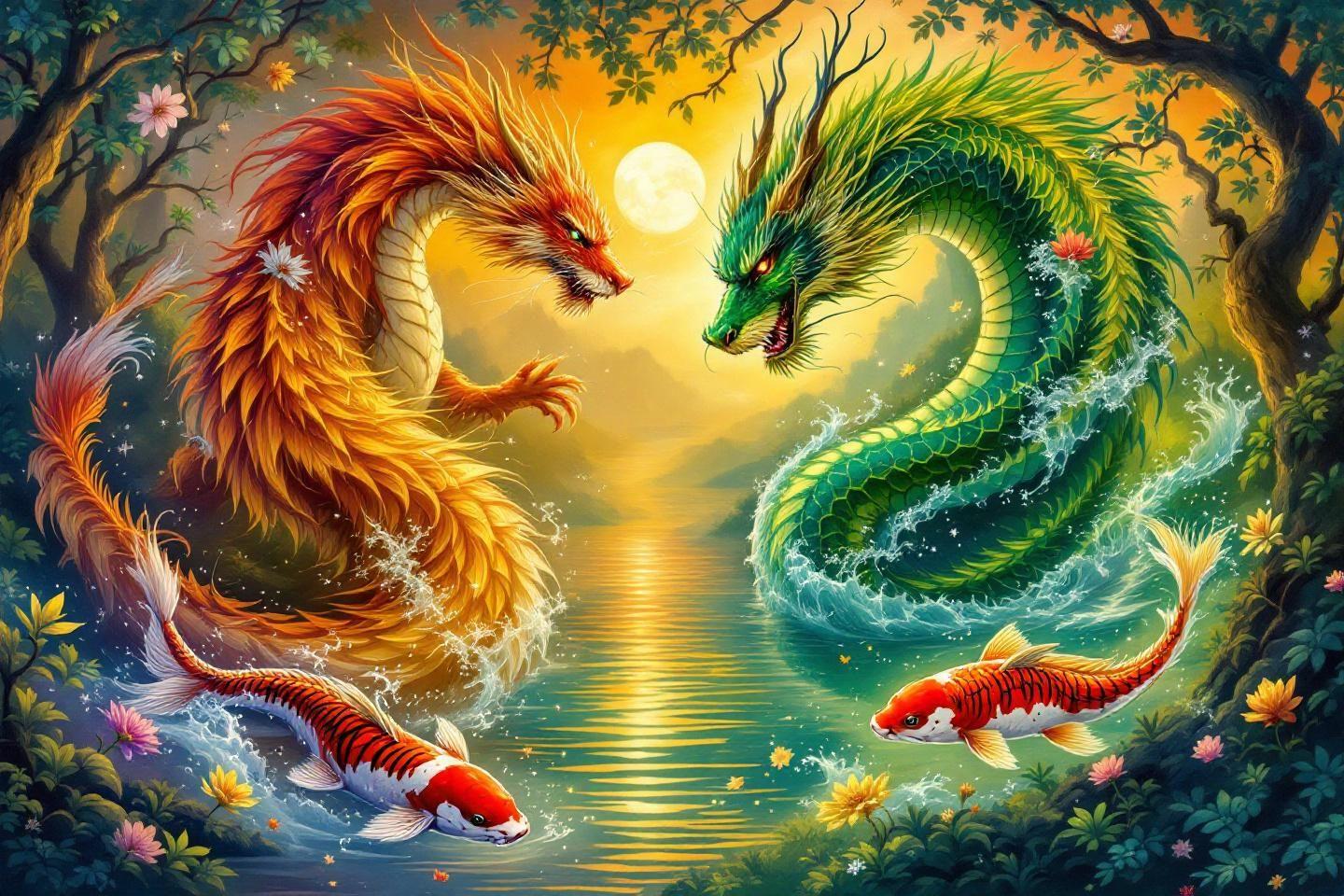 Dragons de feu et d'eau face &agrave; face sous un clair de lune