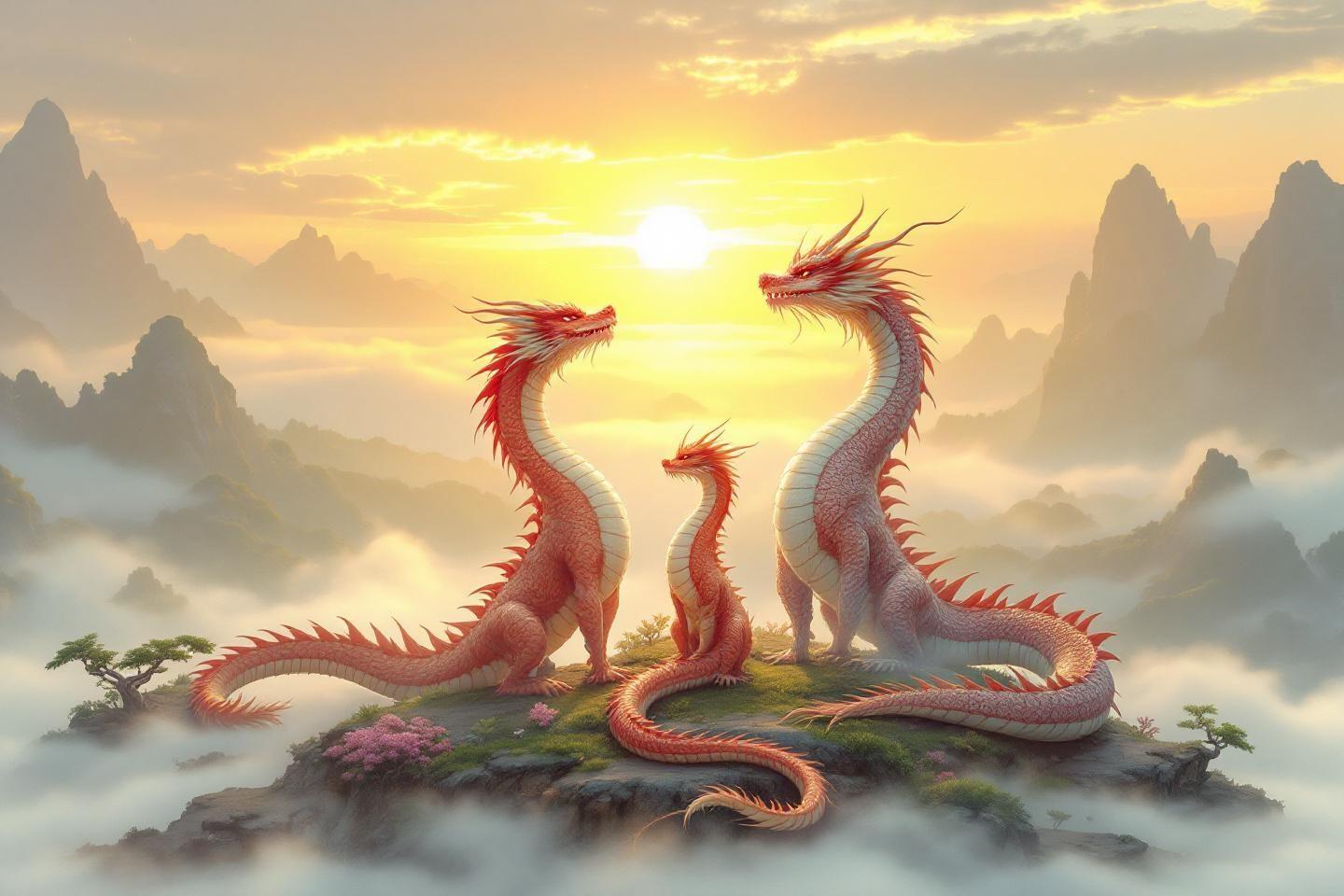 Trois dragons rouges sur un rocher flottant au lever du soleil