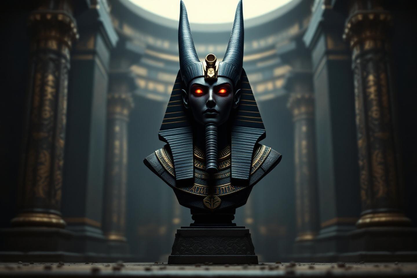 Buste d'Anubis stylis&eacute; avec des yeux lumineux dans un temple