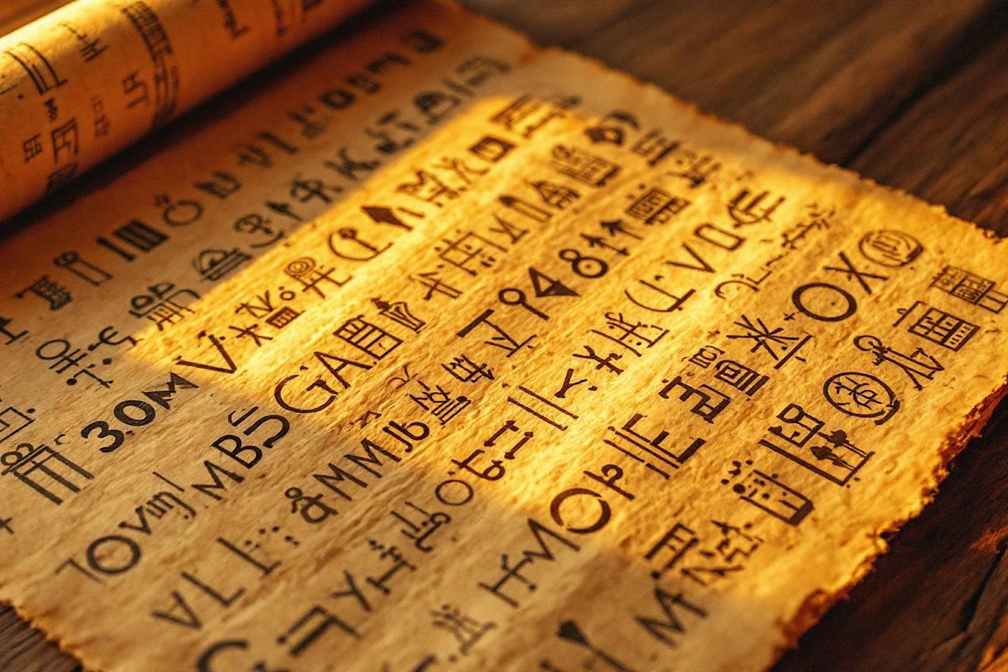 Parchemin jauni avec des &eacute;critures anciennes et hi&eacute;roglyphiques serr&eacute;es