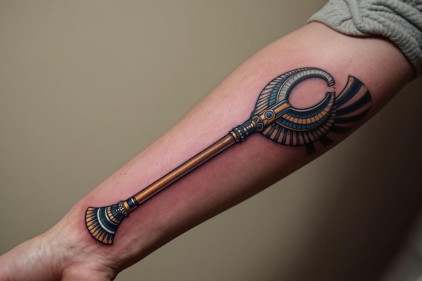 Tatouage d&eacute;taill&eacute; d'un ankh &eacute;gyptien sur avant-bras