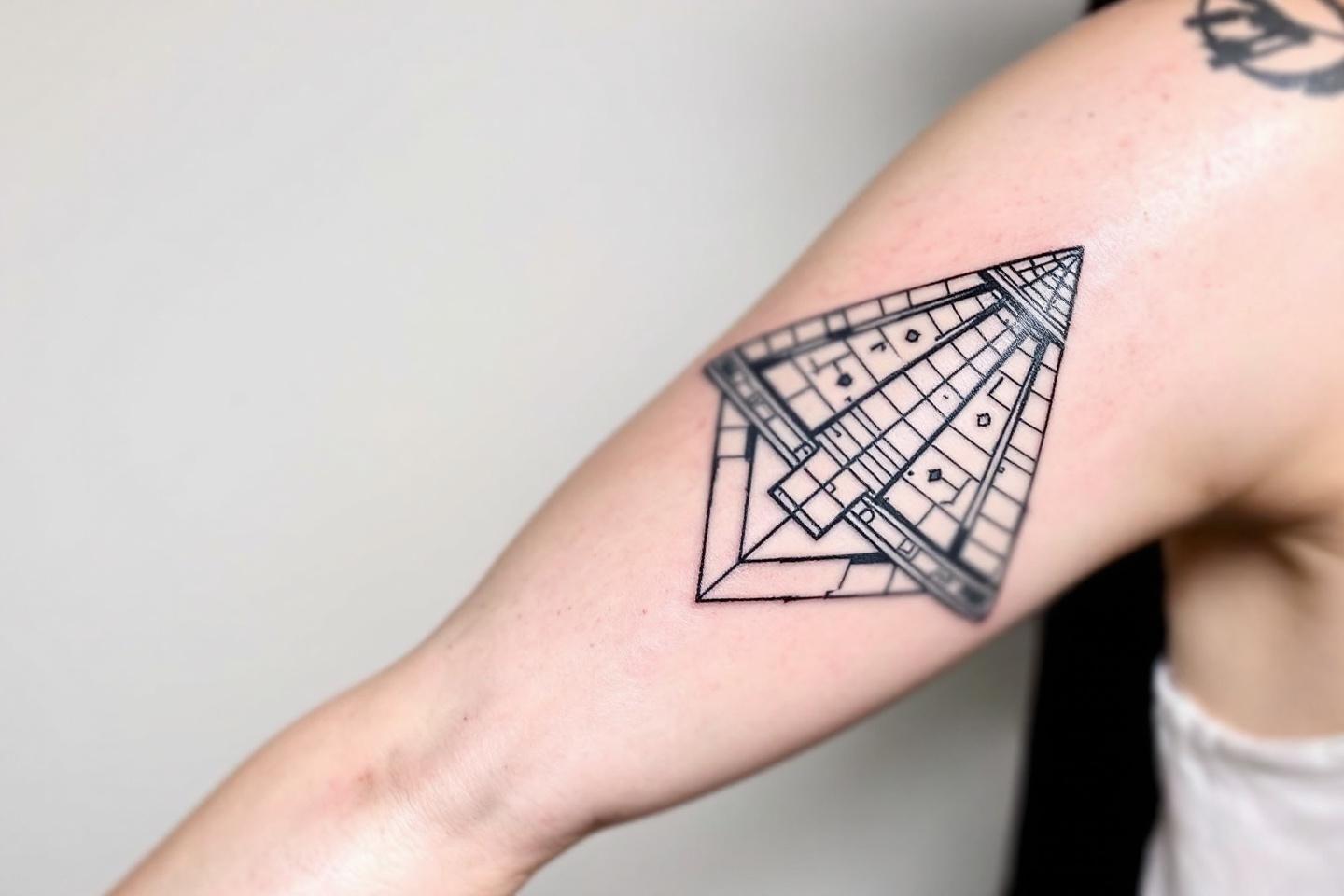 Tatouage noir et blanc de triangle quadrill&eacute; sur un bras