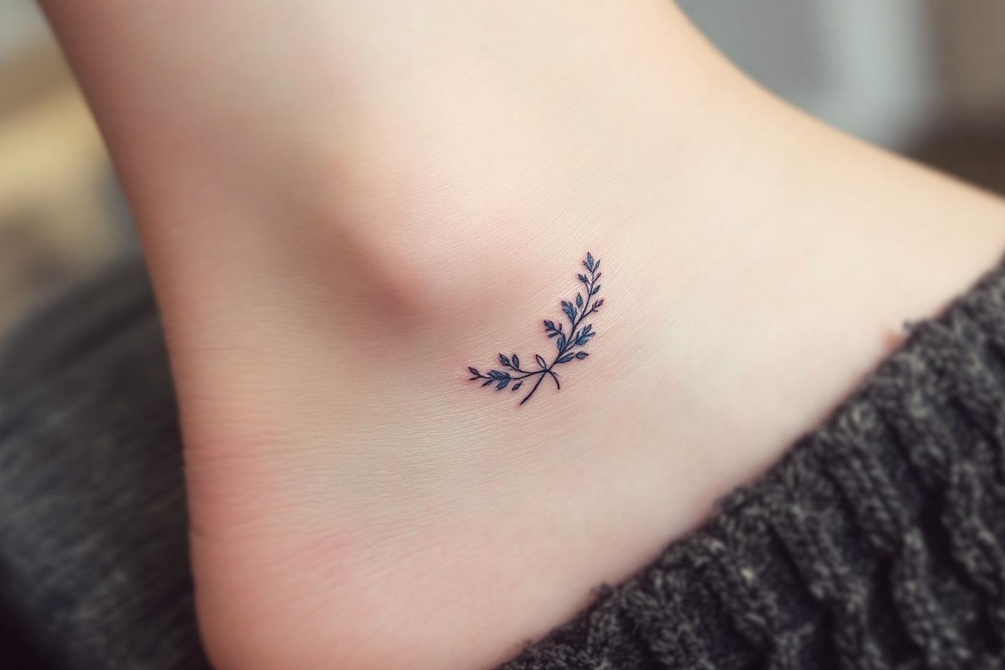 Tatouage noir et blanc d'une petite branche sur la cheville