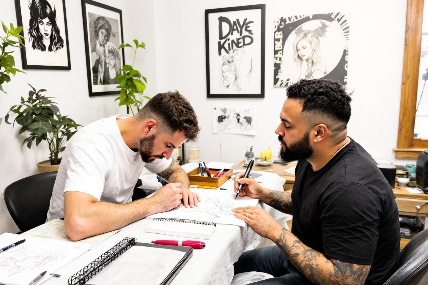 Deux hommes dessinant dans un atelier d'art