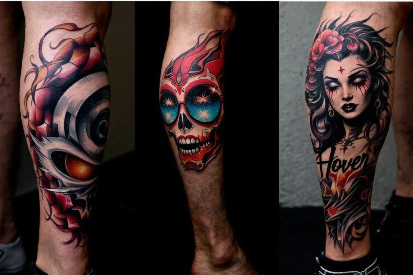 Trois tatouages jambe avec crâne, œil et femme stylisés