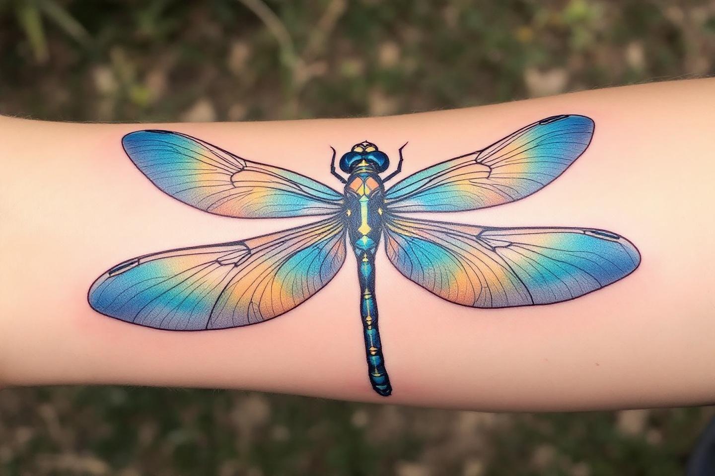 Tatouage d&eacute;taill&eacute; de libellule aux ailes bleu et jaune sur peau