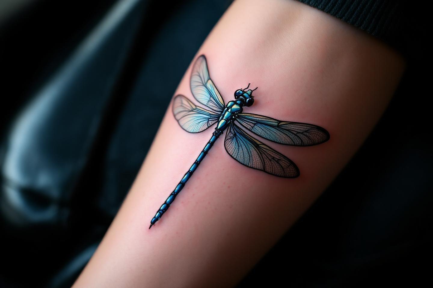 Gros plan d'un tatouage r&eacute;aliste de libellule sur un bras