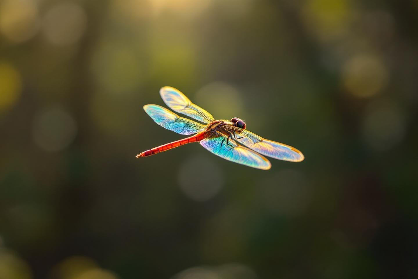 Gros plan d'une libellule aux ailes iris&eacute;es volant