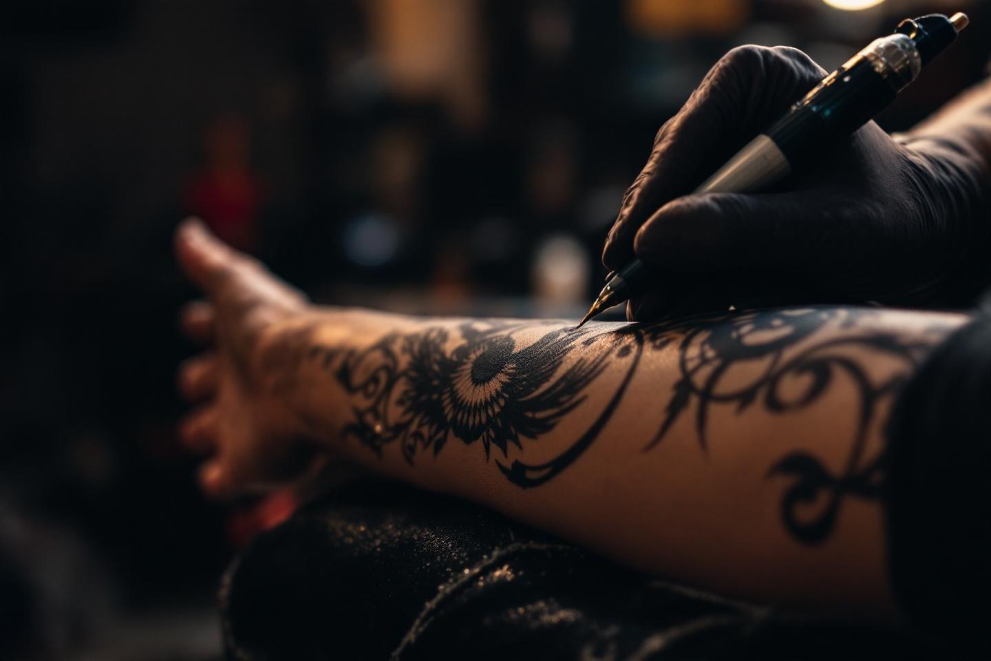 Main gant&eacute;e tatouant un motif complexe sur un avant-bras