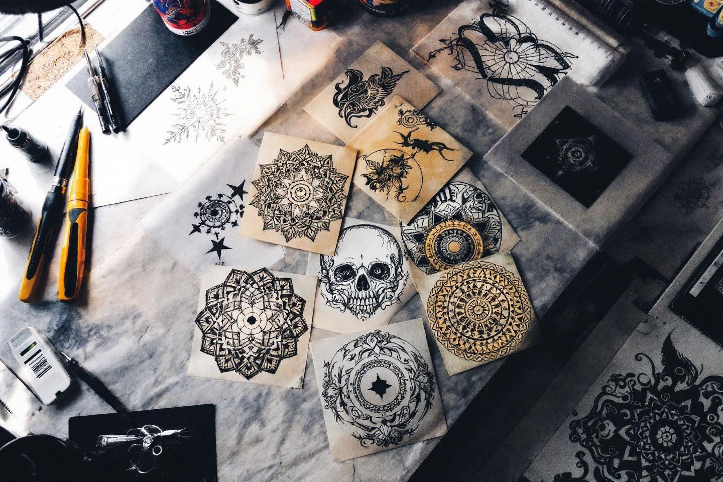 Dessins de mandalas et d'ornements sur papier avec outils d'artiste