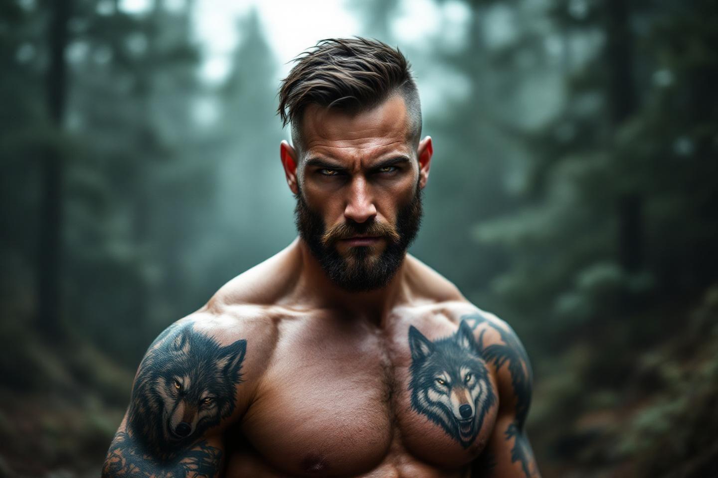 Homme musclé tatoué avec des loups dans un environnement forestier sombre