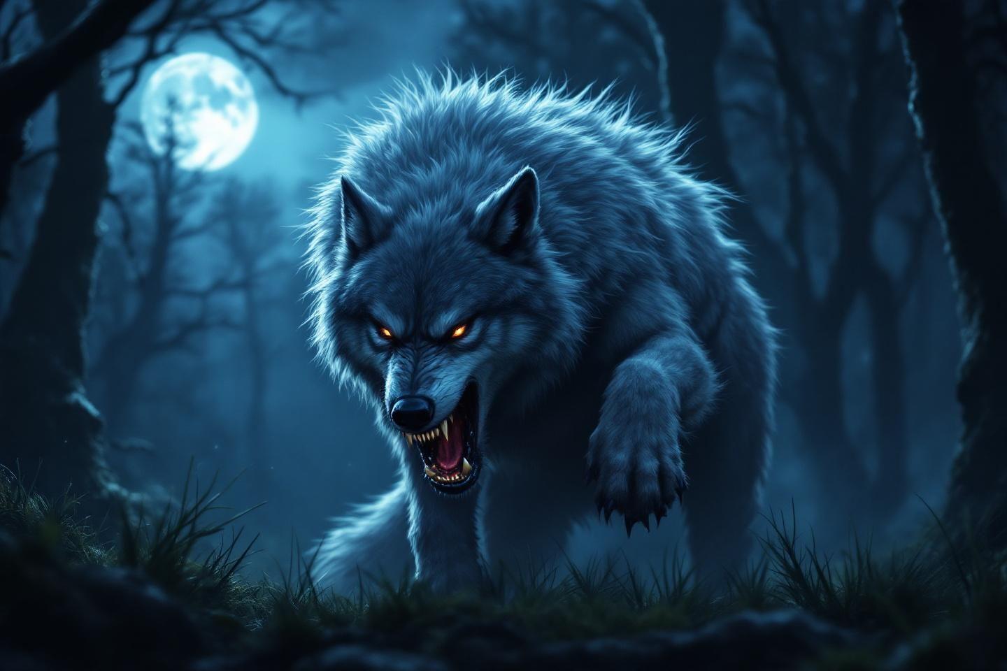 Loup menaçant aux yeux brillants dans une forêt sombre