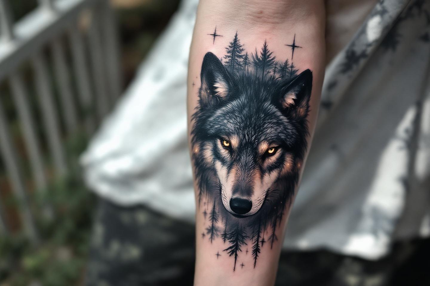Tatouage réaliste de loup avec des arbres et des étoiles