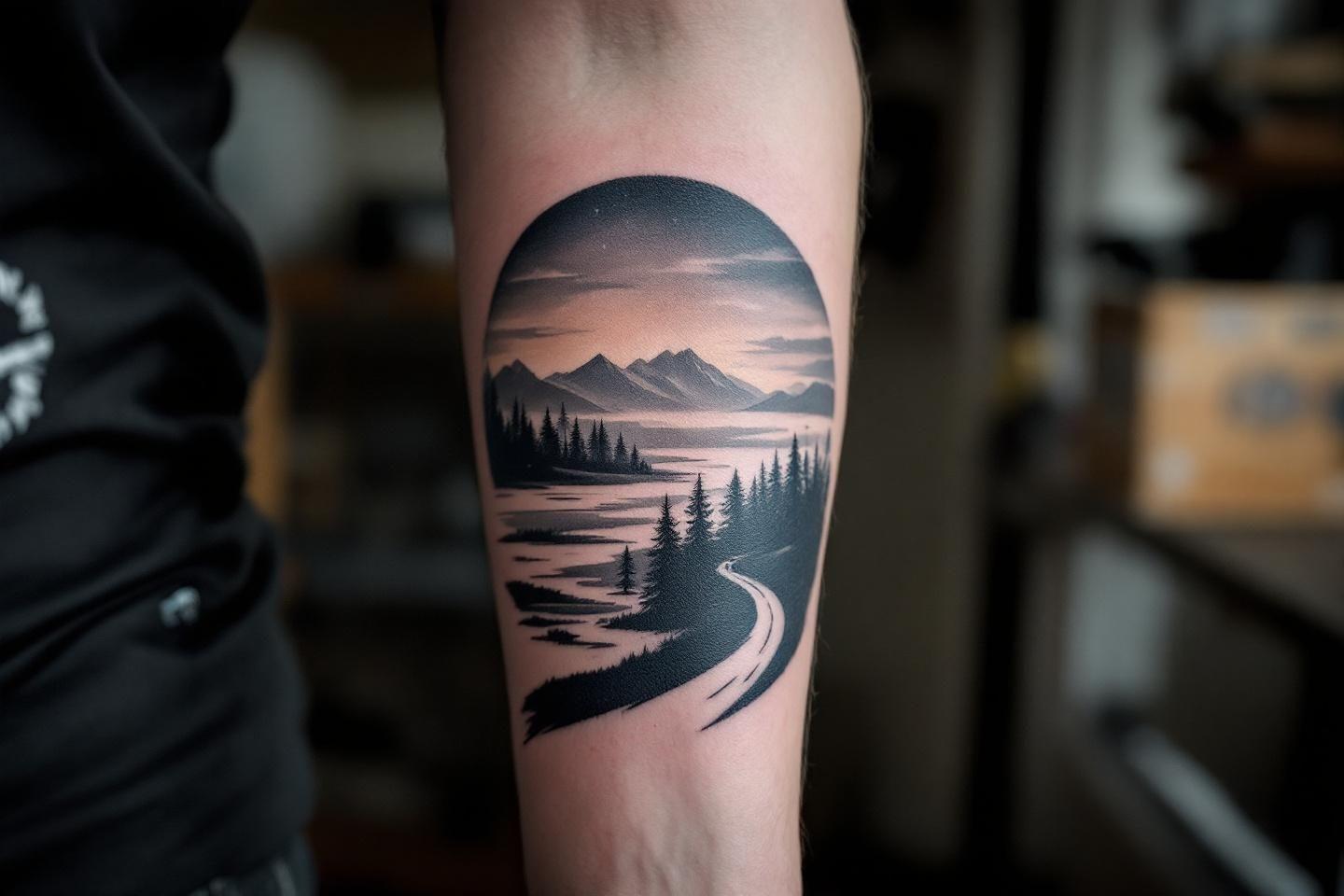 Tatouage circulaire avec route et montagnes enneig&eacute;es