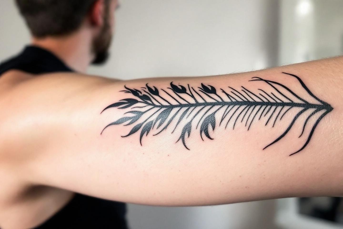 Tatouage noir et blanc d'une plume stylis&eacute;e sur un avant-bras
