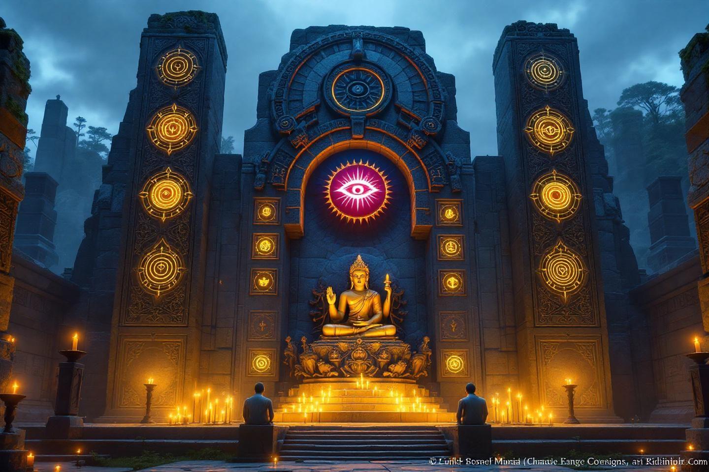 Temple aux chandelles avec statue dor&eacute;e et symboles mystiques