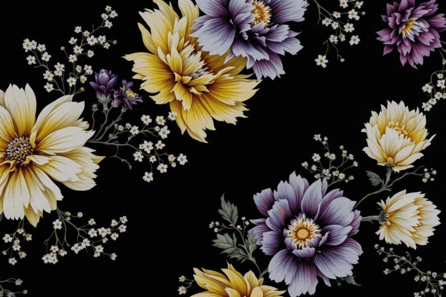 Motif floral &eacute;l&eacute;gant avec marguerites et petites fleurs blanches