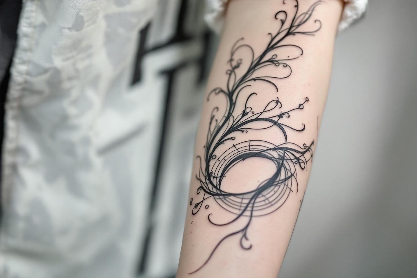 Motif tourbillonnant noir et blanc avec des &eacute;l&eacute;ments v&eacute;g&eacute;taux