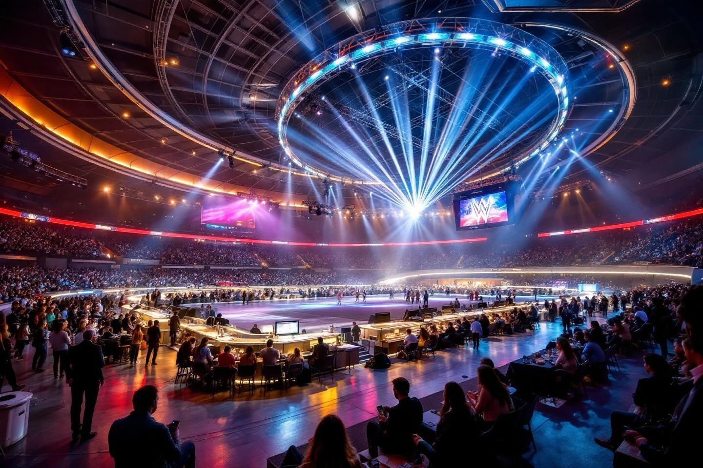 Grande salle avec projecteurs et foule lors d'un événement